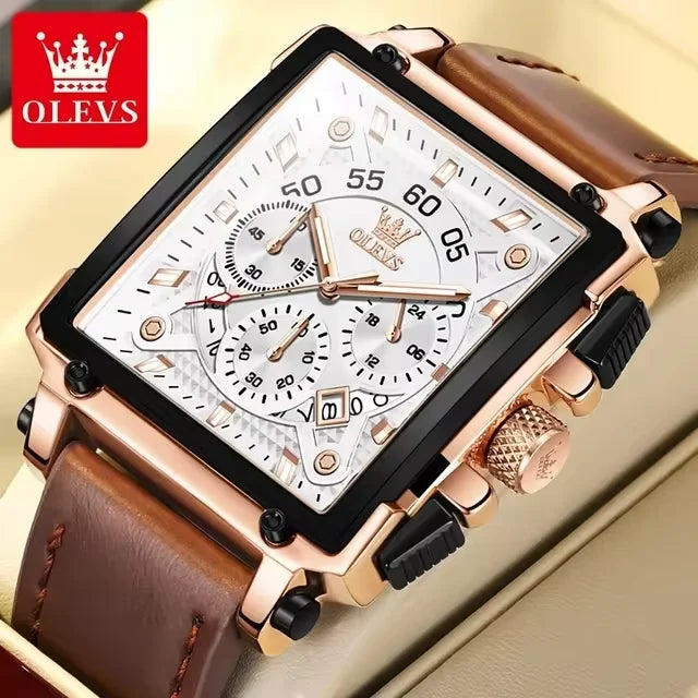 OLEVS 9925 Luxury Watch for Men Square Quartz Sport Watches Leather Strap Waterproof Top Brand Fashion Wristwatch Box Clock