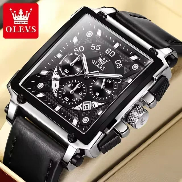 OLEVS 9925 Luxury Watch for Men Square Quartz Sport Watches Leather Strap Waterproof Top Brand Fashion Wristwatch Box Clock