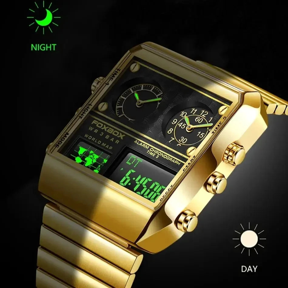 FOXBOX Wristwatches for Men Digital Watches With Stainless Steel Band LED Luminous Double Display Square Quartz Watch Man