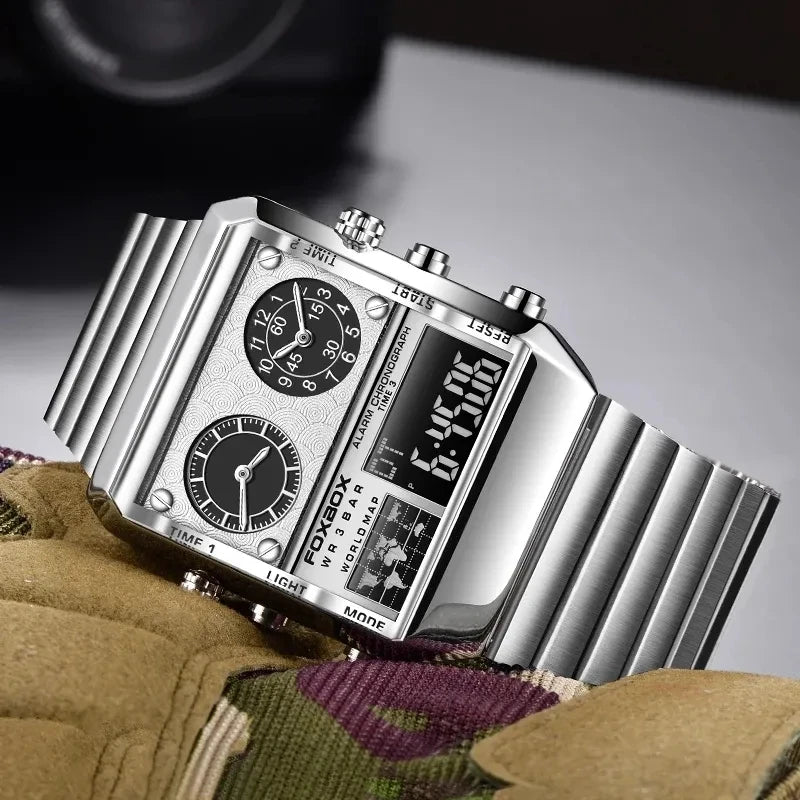 FOXBOX Wristwatches for Men Digital Watches With Stainless Steel Band LED Luminous Double Display Square Quartz Watch Man