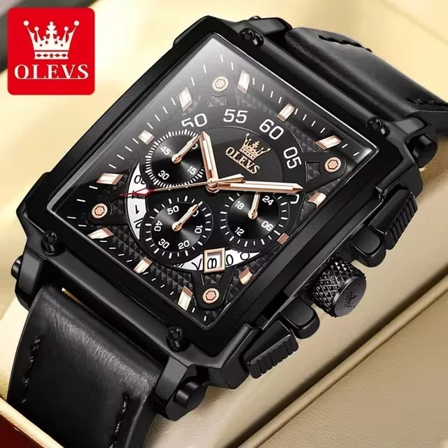 OLEVS 9925 Luxury Watch for Men Square Quartz Sport Watches Leather Strap Waterproof Top Brand Fashion Wristwatch Box Clock