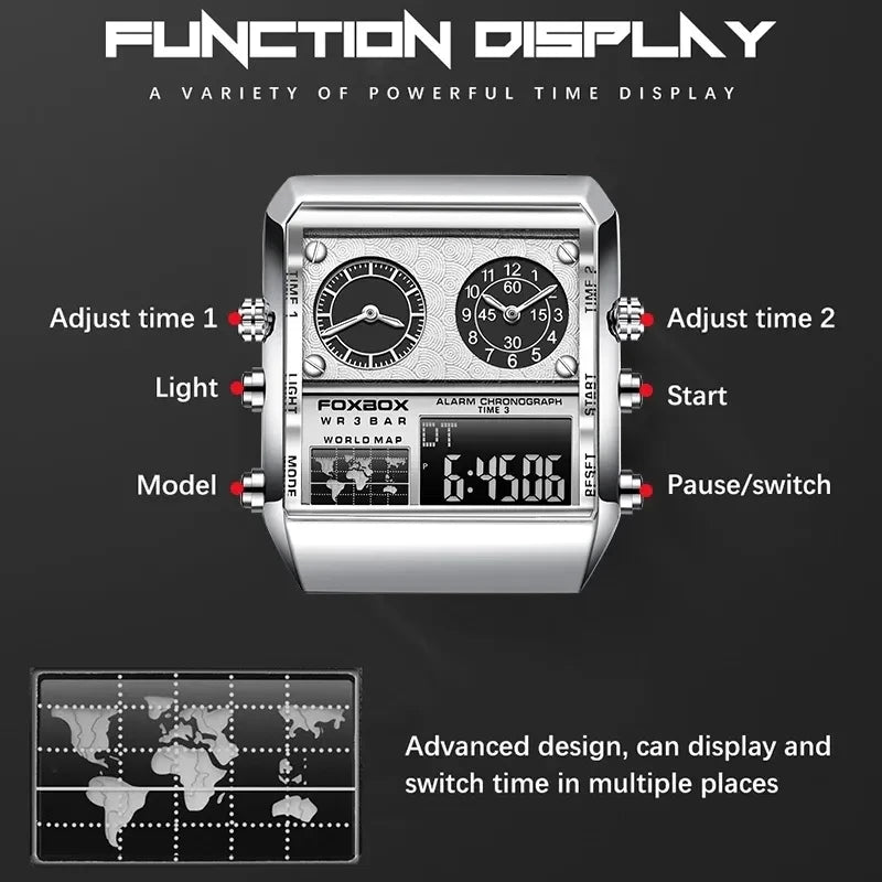 FOXBOX Wristwatches for Men Digital Watches With Stainless Steel Band LED Luminous Double Display Square Quartz Watch Man
