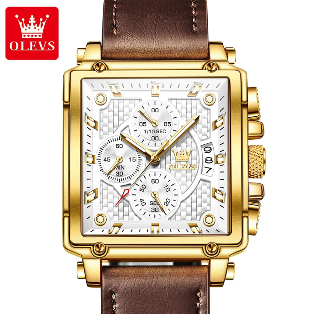 OLEVS 9925 Luxury Watch for Men Square Quartz Sport Watches Leather Strap Waterproof Top Brand Fashion Wristwatch Box Clock