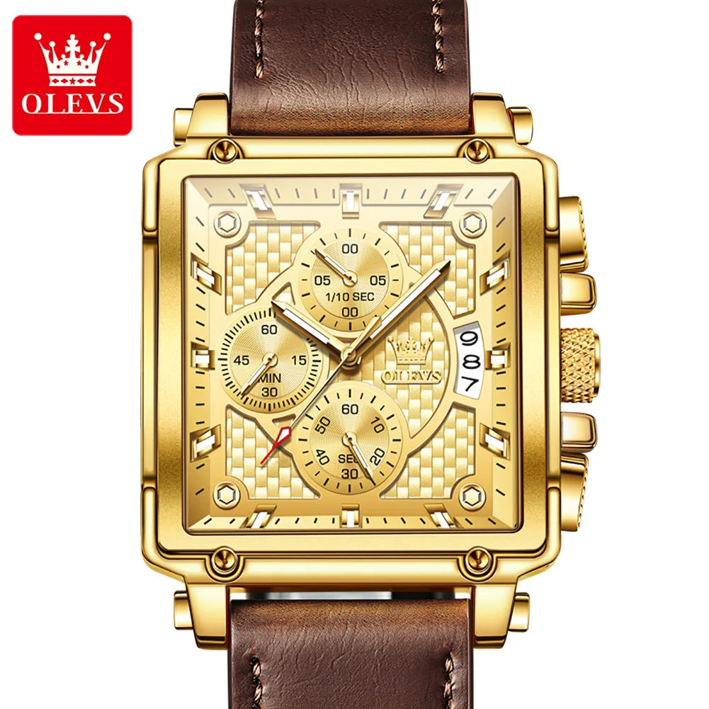 OLEVS 9925 Luxury Watch for Men Square Quartz Sport Watches Leather Strap Waterproof Top Brand Fashion Wristwatch Box Clock