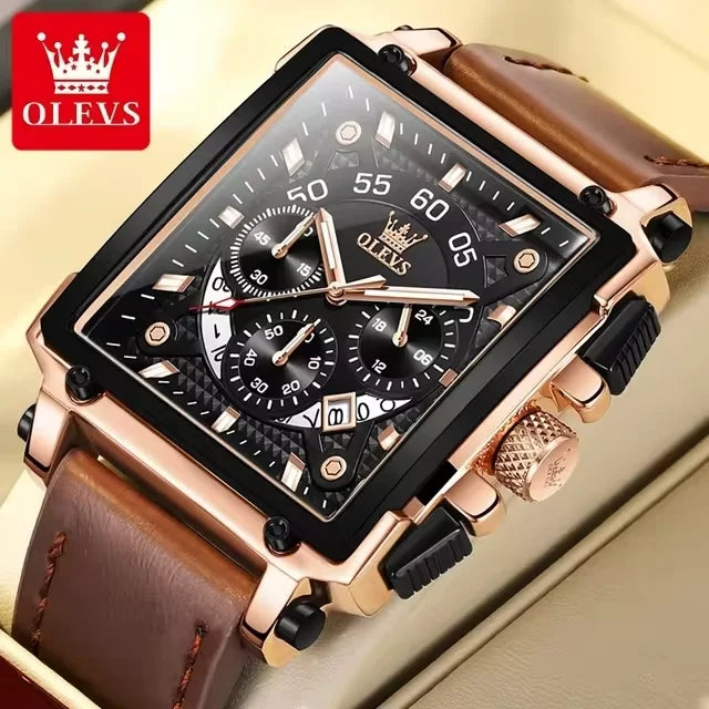 OLEVS 9925 Luxury Watch for Men Square Quartz Sport Watches Leather Strap Waterproof Top Brand Fashion Wristwatch Box Clock