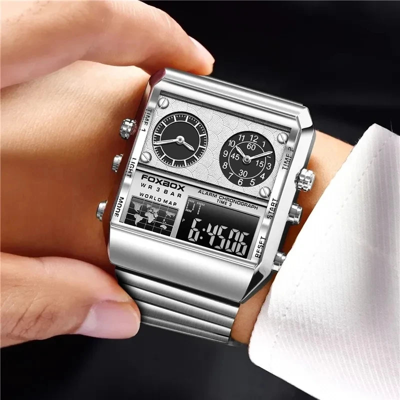 FOXBOX Wristwatches for Men Digital Watches With Stainless Steel Band LED Luminous Double Display Square Quartz Watch Man