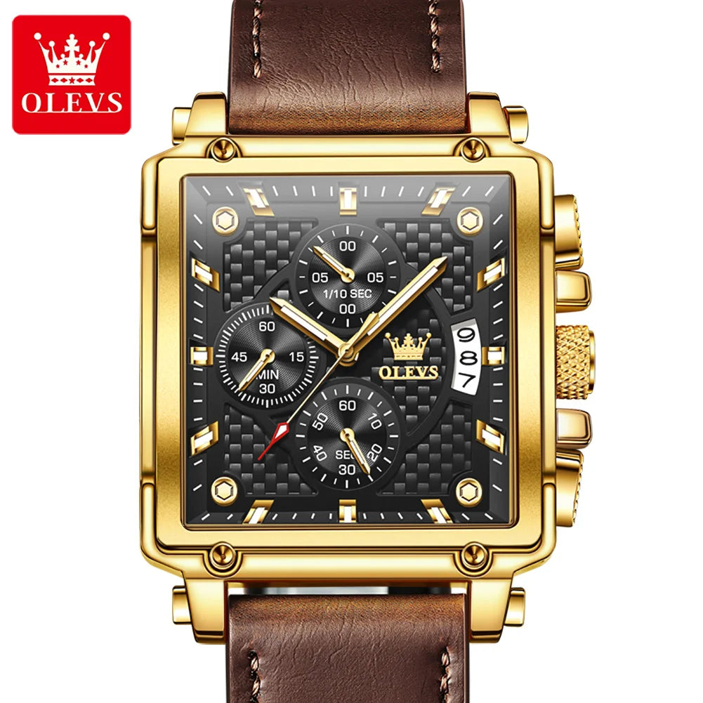 OLEVS 9925 Luxury Watch for Men Square Quartz Sport Watches Leather Strap Waterproof Top Brand Fashion Wristwatch Box Clock