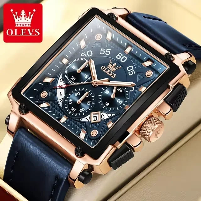OLEVS 9925 Luxury Watch for Men Square Quartz Sport Watches Leather Strap Waterproof Top Brand Fashion Wristwatch Box Clock