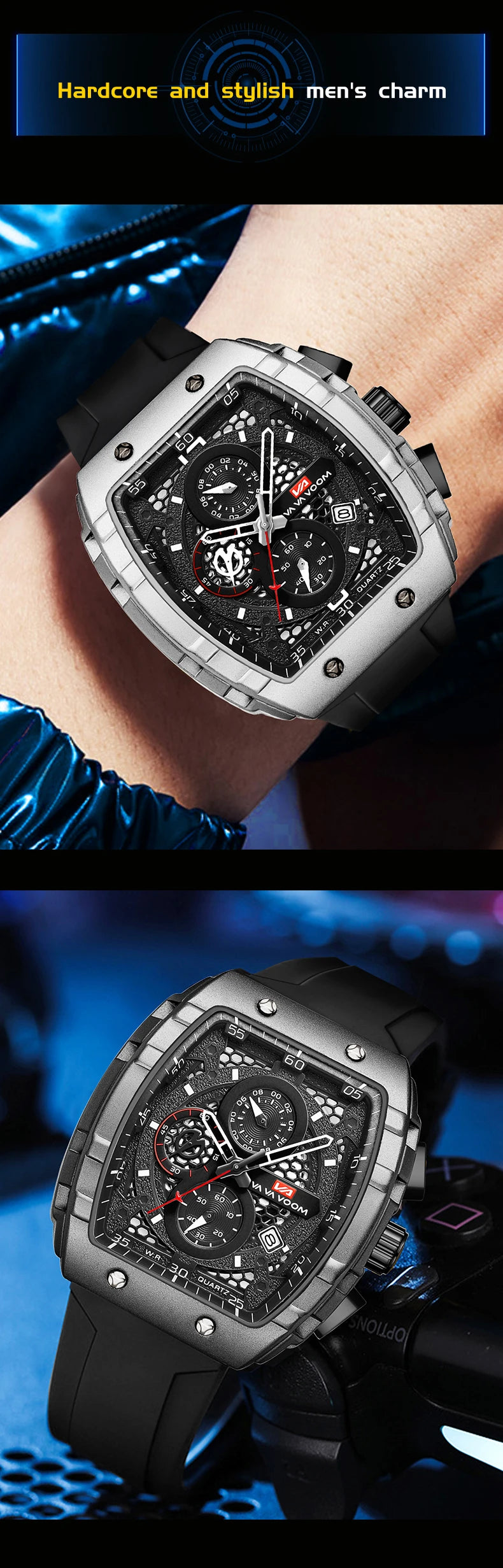 VA VA VOOM Men Watch With 47mm Large Dial Timing Multifunctional Clock Fashionable Silicone Strap Military Sports Watch for Men