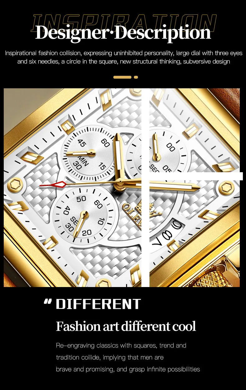 OLEVS Men's Top Brand Square Quality Quartz Wristwatch Chronograph Waterproof Original Watch for Man Luminous Date Luxury