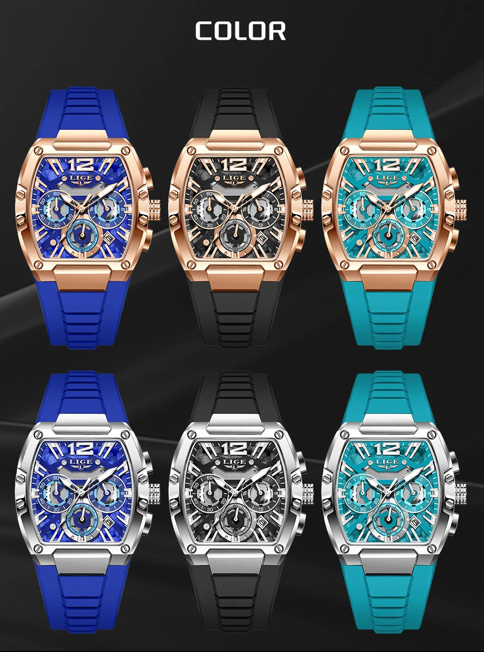 LIGE Sports Man Watch Tonnea Hollow Design Quartz Men Wristwatches Chronograph Waterproof Luminous Silicone Strap Watches Male