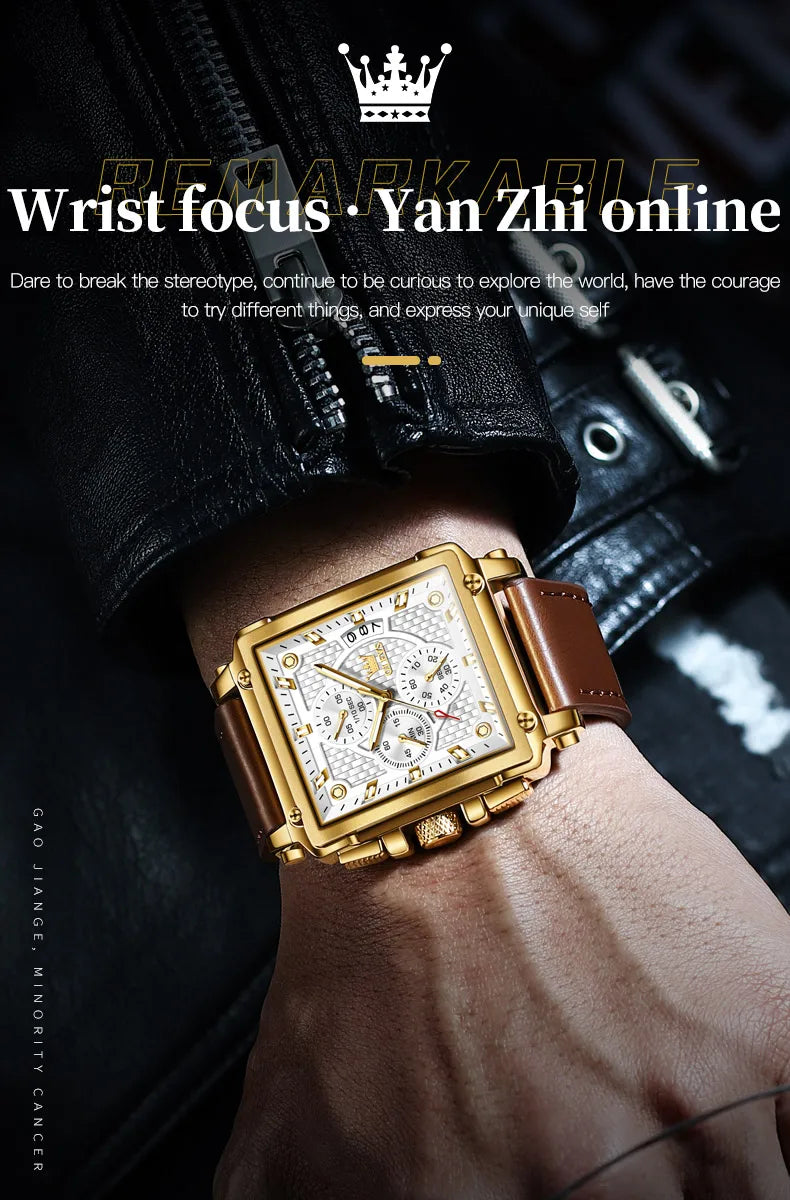 OLEVS Men's Top Brand Square Quality Quartz Wristwatch Chronograph Waterproof Original Watch for Man Luminous Date Luxury
