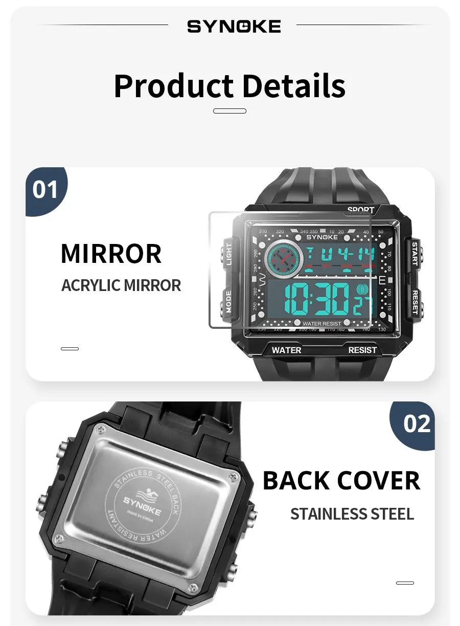 SYNOKE New Men Mountaineering Digital Watch Waterproof Shock Resist Large Screen Outdoor Running Student Fashion Watch Handsome