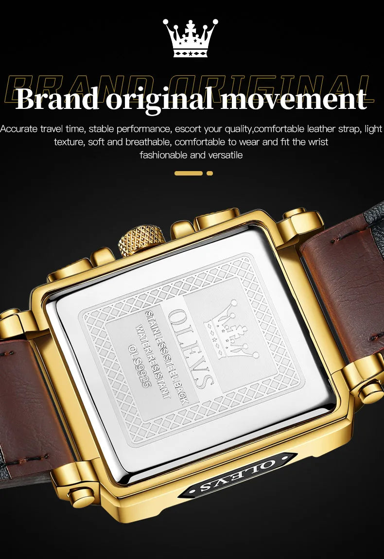 OLEVS Men's Top Brand Square Quality Quartz Wristwatch Chronograph Waterproof Original Watch for Man Luminous Date Luxury