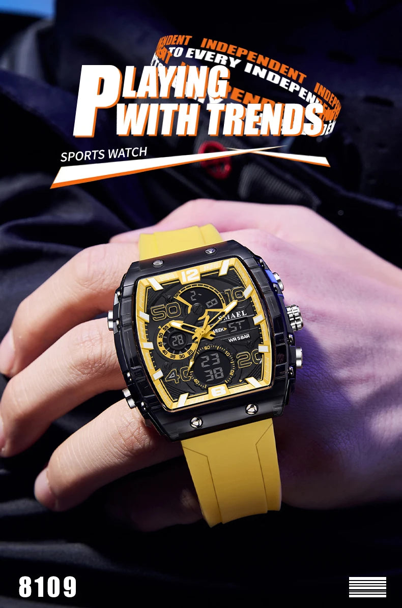 SMAEL Brand 8109 New electronic watch fashion square dual display waterproof luminous Multi-color For Men