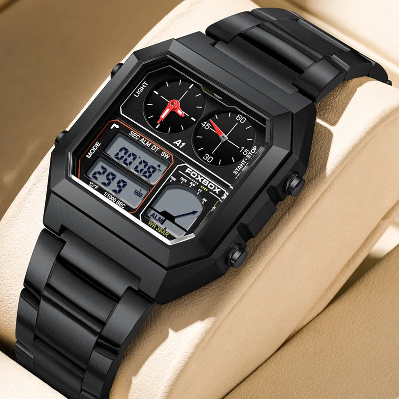 FOXBOX Top Brand Luxury Stainless Steel Chrono Sport Watches Men Back Light Display Digital Wristwatch 3Bar Waterproof Reloj+Box