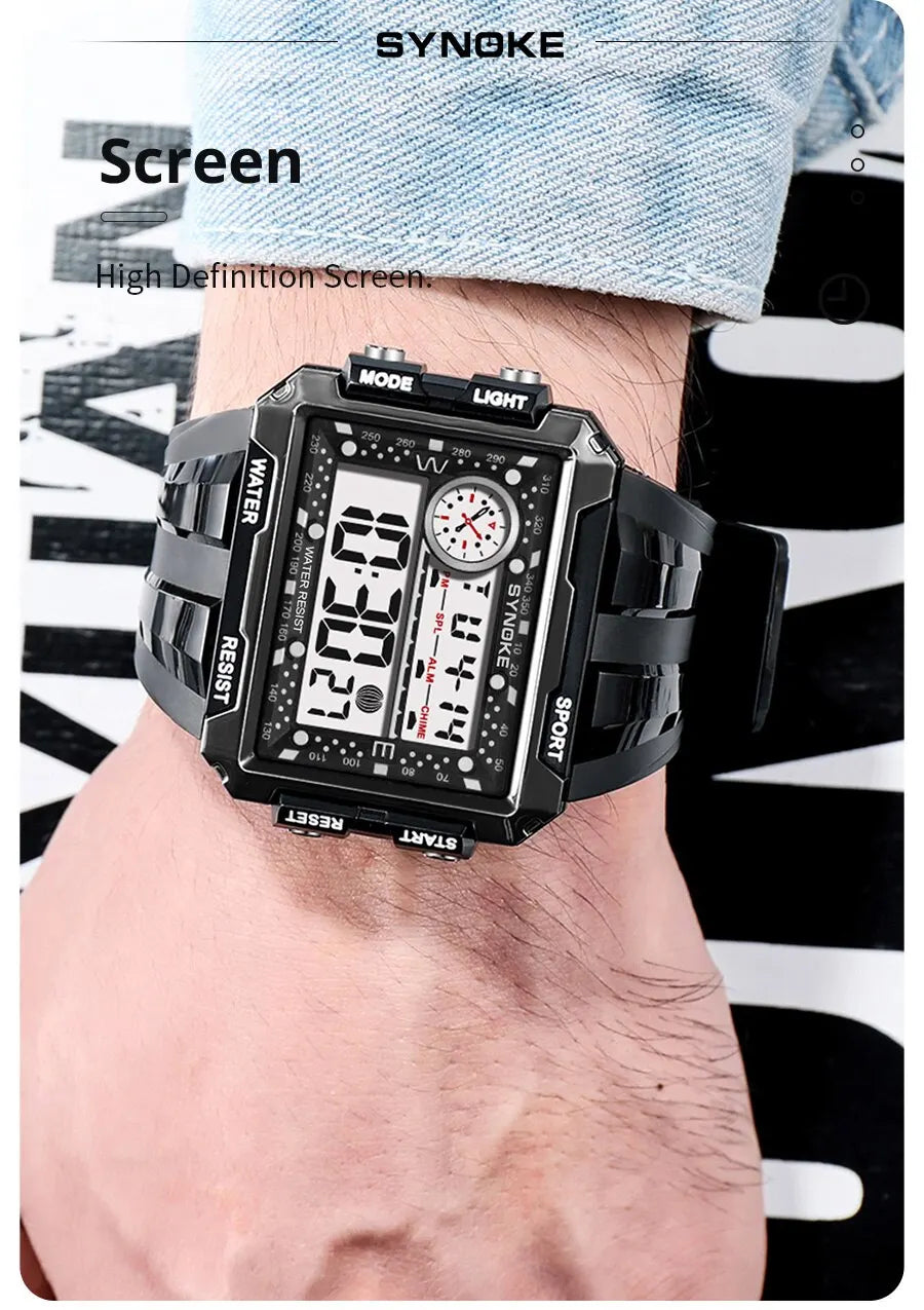 SYNOKE New Men Mountaineering Digital Watch Waterproof Shock Resist Large Screen Outdoor Running Student Fashion Watch Handsome