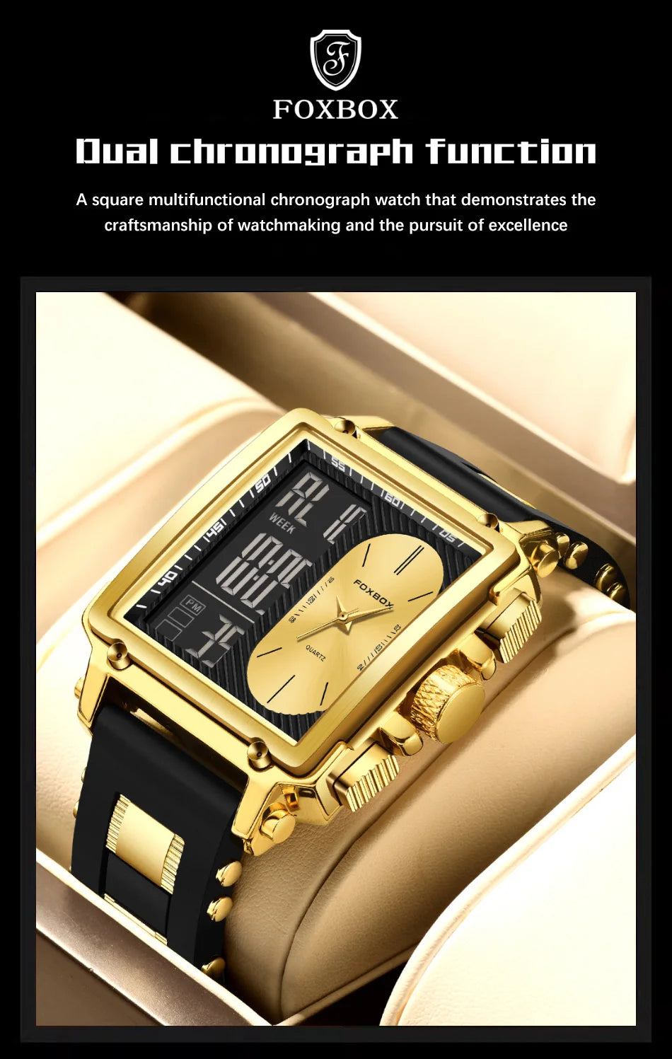 FOXBOX Blue Silicone Watch Men Digital Dual Display Watch Sports Chronograph Waterproof Quartz Wristwatch Men Military Watch