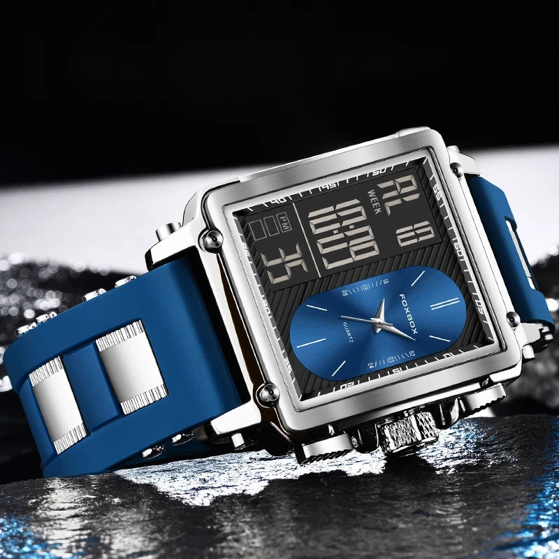 FOXBOX Blue Silicone Watch Men Digital Dual Display Watch Sports Chronograph Waterproof Quartz Wristwatch Men Military Watch