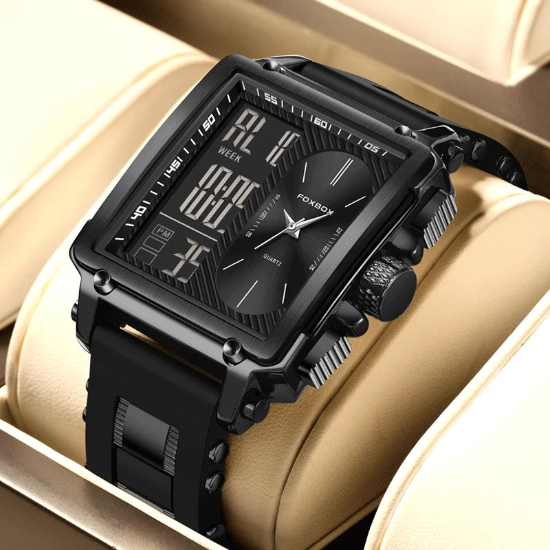 FOXBOX Blue Silicone Watch Men Digital Dual Display Watch Sports Chronograph Waterproof Quartz Wristwatch Men Military Watch