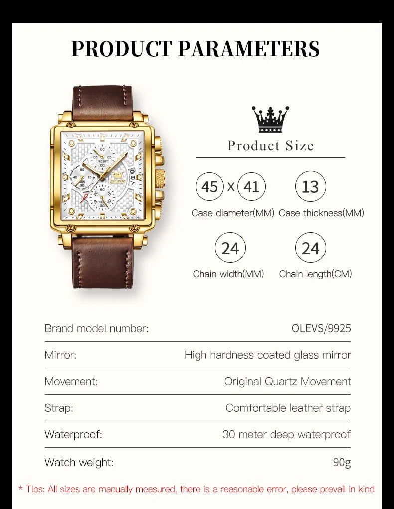 OLEVS Men's Top Brand Square Quality Quartz Wristwatch Chronograph Waterproof Original Watch for Man Luminous Date Luxury