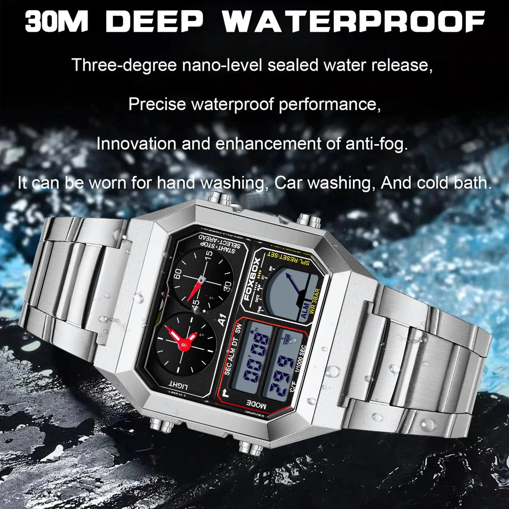 FOXBOX Top Brand Luxury Stainless Steel Chrono Sport Watches Men Back Light Display Digital Wristwatch 3Bar Waterproof Reloj+Box