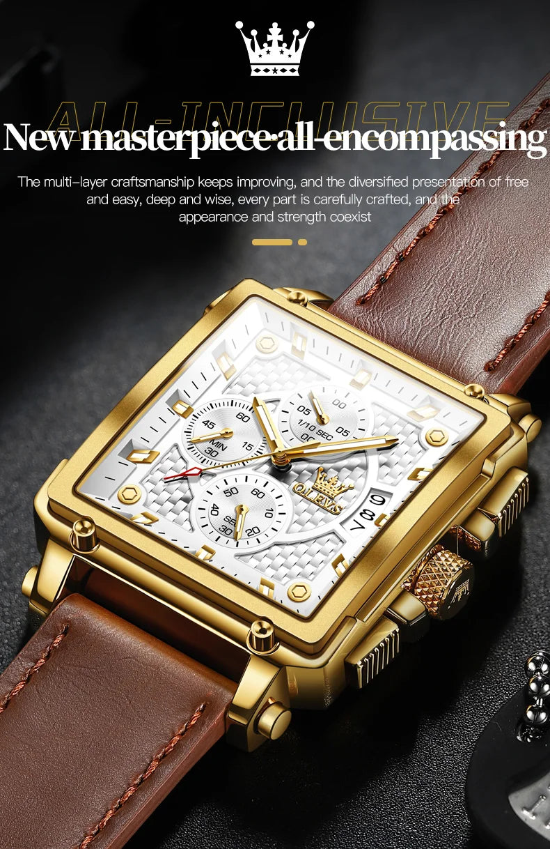 OLEVS Men's Top Brand Square Quality Quartz Wristwatch Chronograph Waterproof Original Watch for Man Luminous Date Luxury