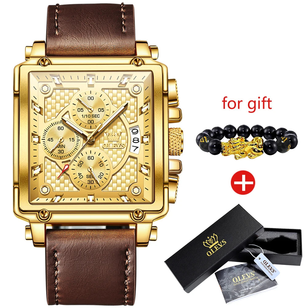 OLEVS Men's Top Brand Square Quality Quartz Wristwatch Chronograph Waterproof Original Watch for Man Luminous Date Luxury