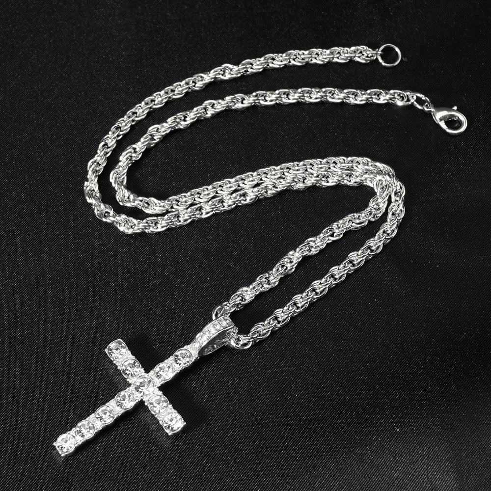 Hip Hop Iced Out Cross Pendant Necklace Strap 4mm Zircon Tennis Chain Men Women Sparkling Necklace Punk Jewelry Fashion Gift