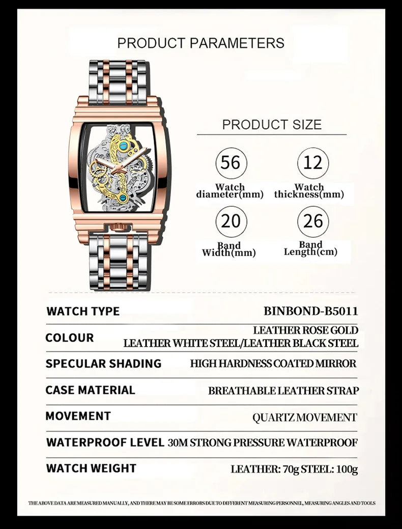 2024 Transparent Full Hollow Men Watch Metal Leather Quartz Mens Watches Waterproof Glow Cross-border Male Clock Wristwatch