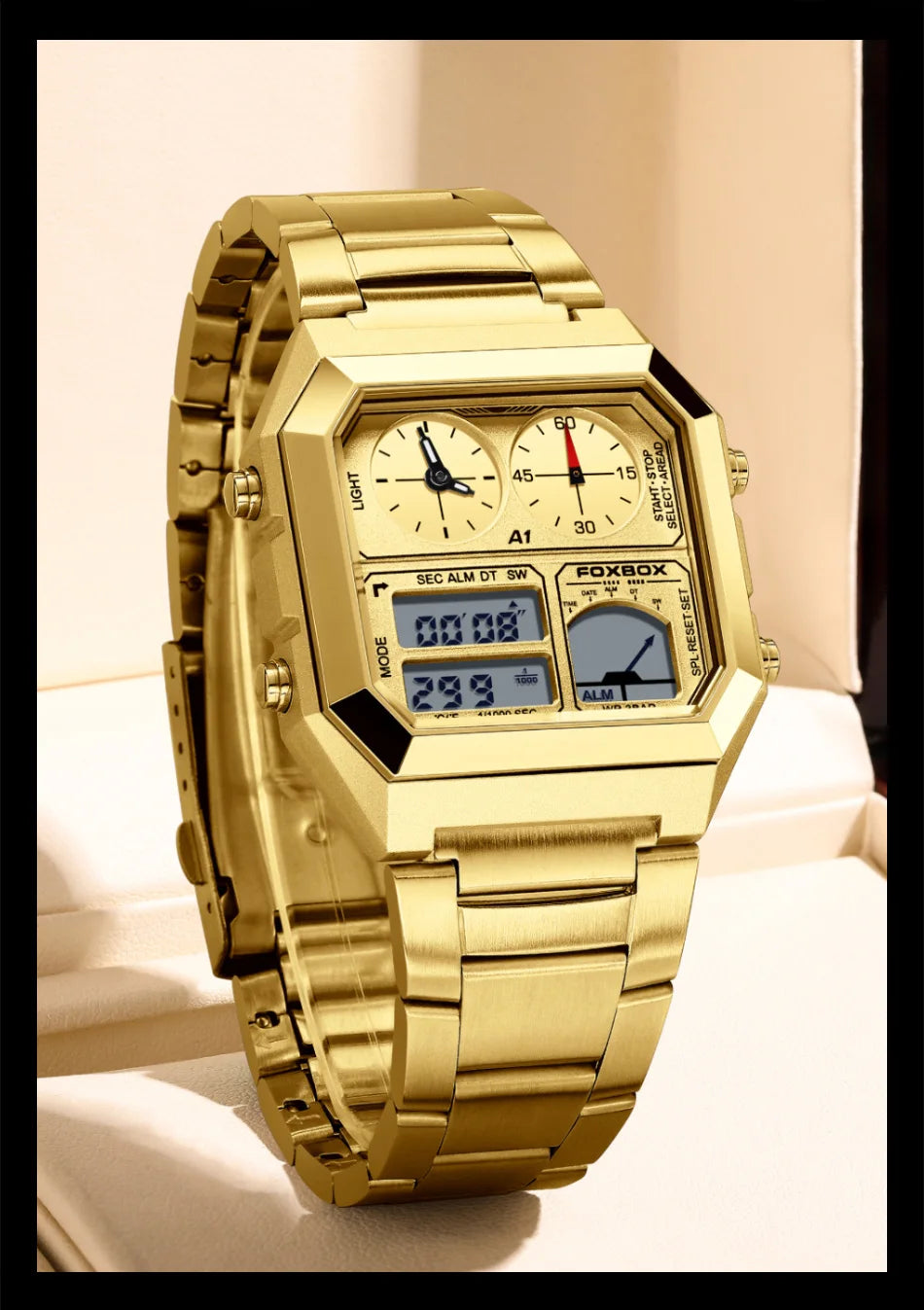 FOXBOX Top Brand Luxury Stainless Steel Chrono Sport Watches Men Back Light Display Digital Wristwatch 3Bar Waterproof Reloj+Box