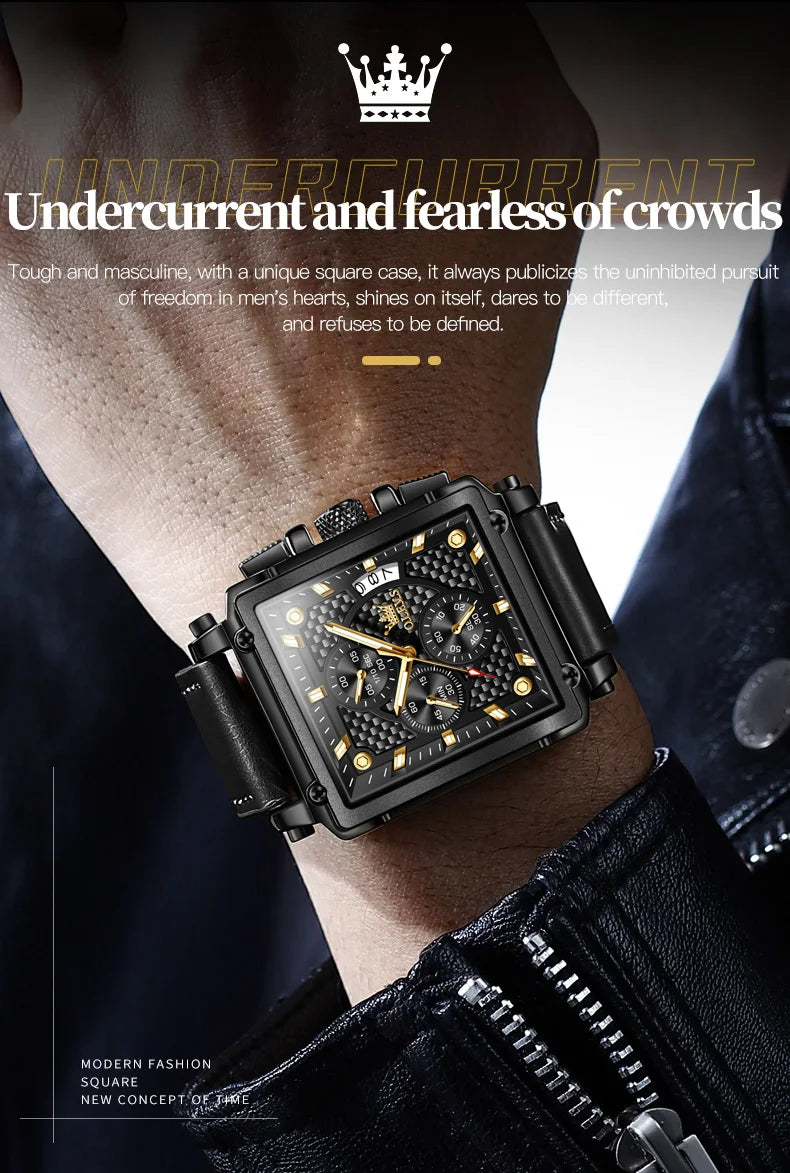 OLEVS Men's Top Brand Square Quality Quartz Wristwatch Chronograph Waterproof Original Watch for Man Luminous Date Luxury