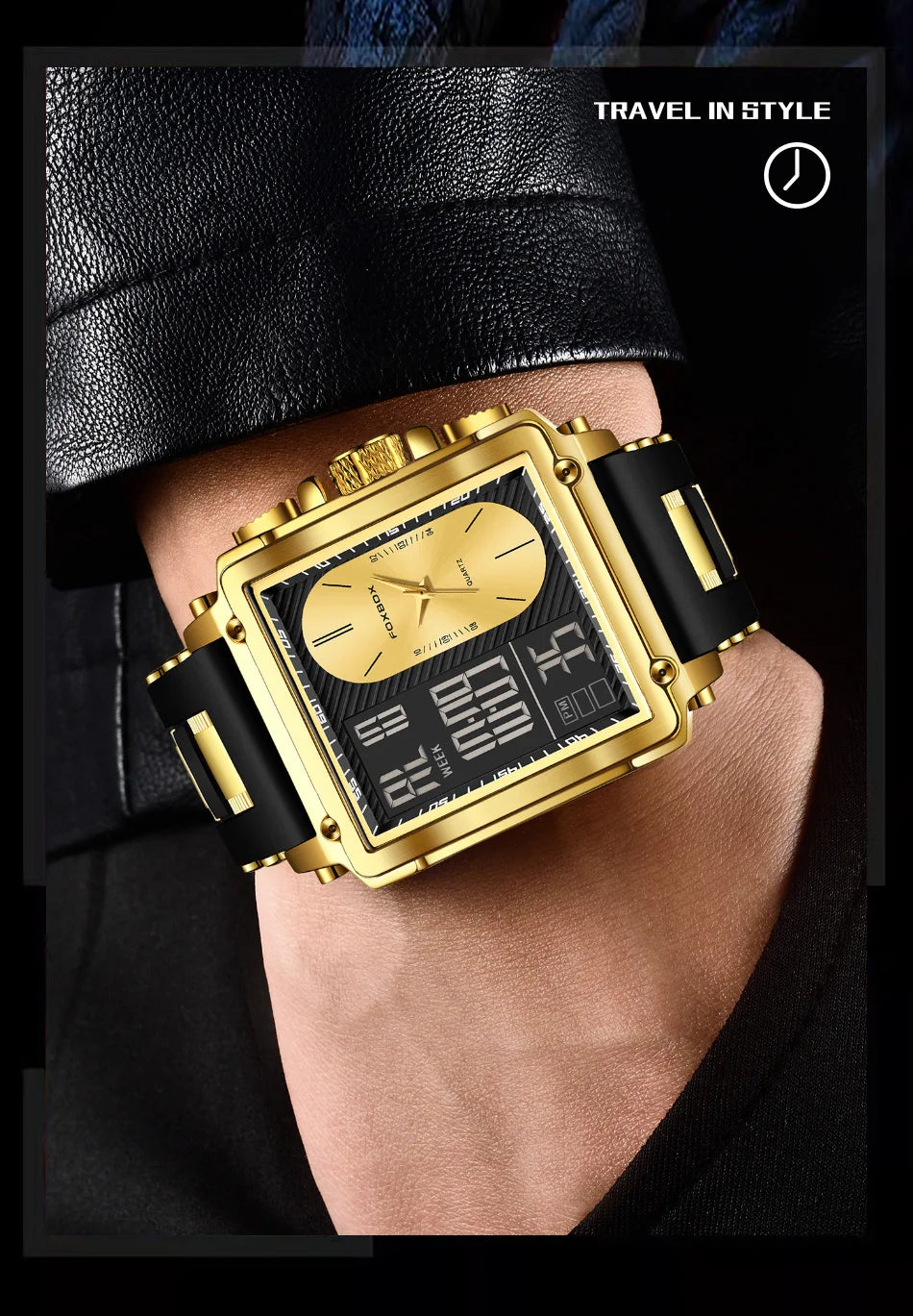 FOXBOX Blue Silicone Watch Men Digital Dual Display Watch Sports Chronograph Waterproof Quartz Wristwatch Men Military Watch