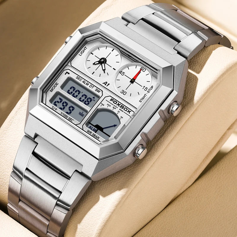 FOXBOX Top Brand Luxury Stainless Steel Chrono Sport Watches Men Back Light Display Digital Wristwatch 3Bar Waterproof Reloj+Box
