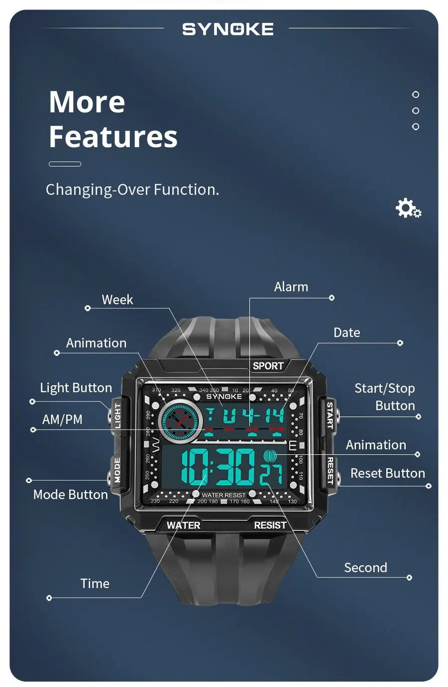 SYNOKE New Men Mountaineering Digital Watch Waterproof Shock Resist Large Screen Outdoor Running Student Fashion Watch Handsome