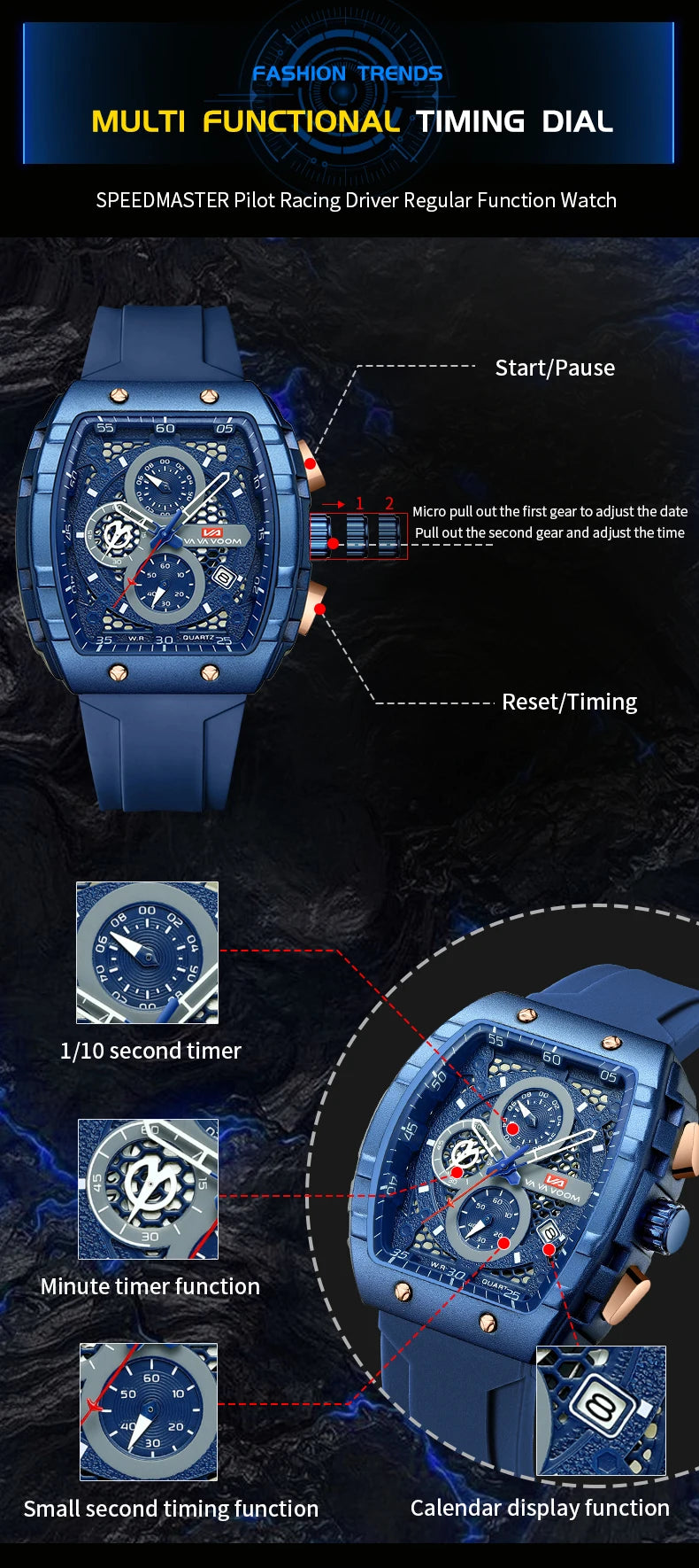 VA VA VOOM Men Watch With 47mm Large Dial Timing Multifunctional Clock Fashionable Silicone Strap Military Sports Watch for Men