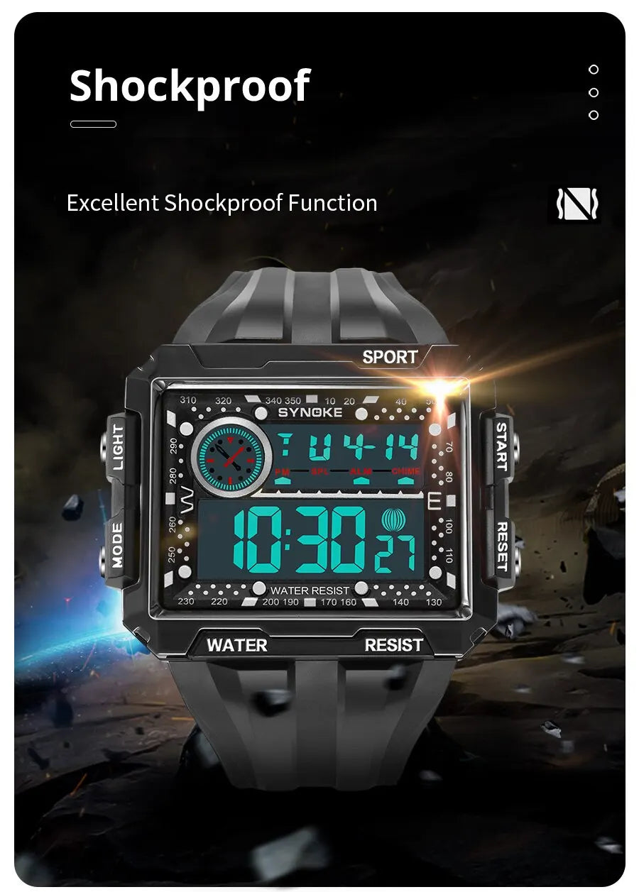 SYNOKE New Men Mountaineering Digital Watch Waterproof Shock Resist Large Screen Outdoor Running Student Fashion Watch Handsome