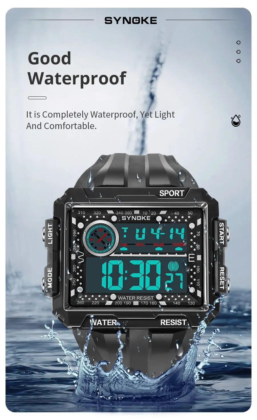 SYNOKE New Men Mountaineering Digital Watch Waterproof Shock Resist Large Screen Outdoor Running Student Fashion Watch Handsome