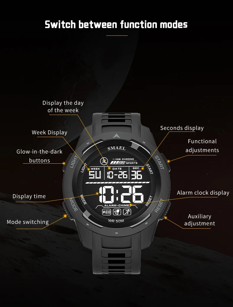 SMAEL 8105 Digital Watches Sports LED Wristwatches Men's 50m Waterproof Watch Digital Light Stopwatch Watch for Men