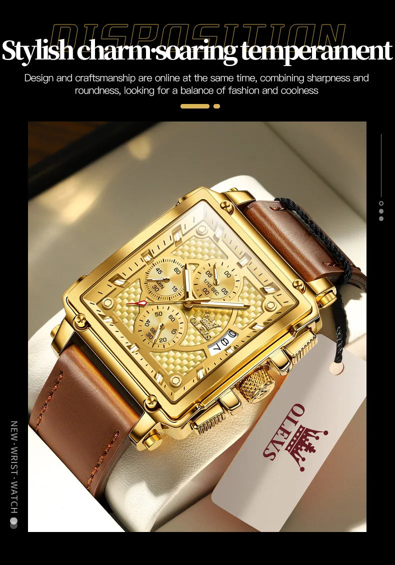 OLEVS Men's Top Brand Square Quality Quartz Wristwatch Chronograph Waterproof Original Watch for Man Luminous Date Luxury