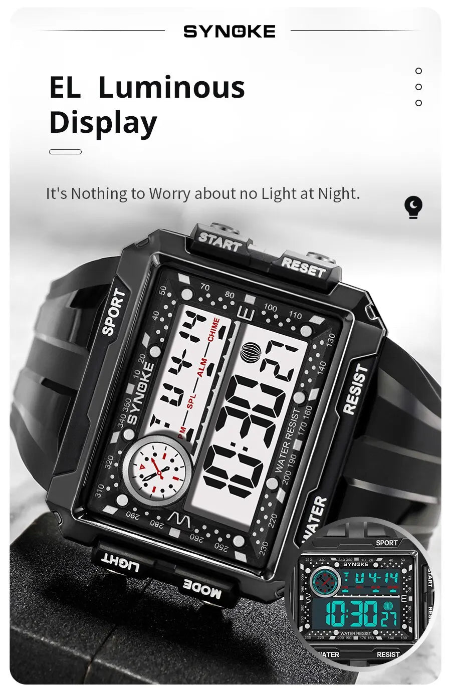 SYNOKE New Men Mountaineering Digital Watch Waterproof Shock Resist Large Screen Outdoor Running Student Fashion Watch Handsome