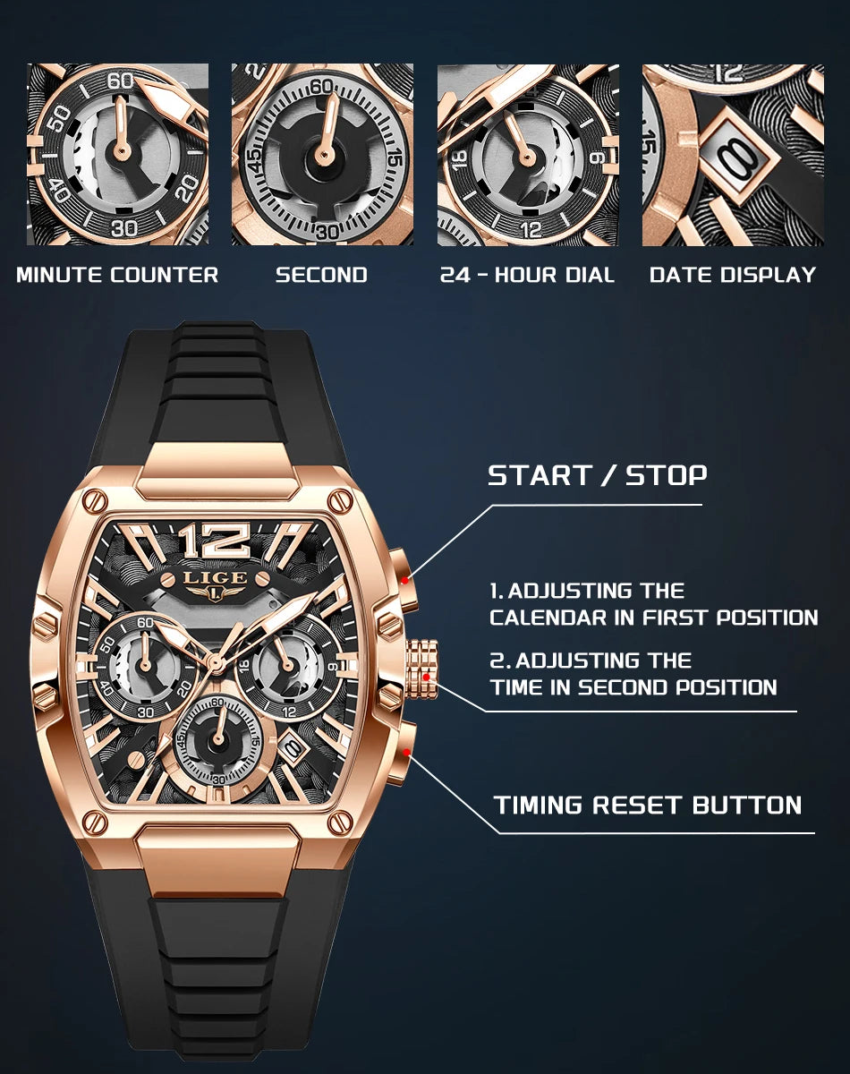 LIGE Sports Man Watch Tonnea Hollow Design Quartz Men Wristwatches Chronograph Waterproof Luminous Silicone Strap Watches Male