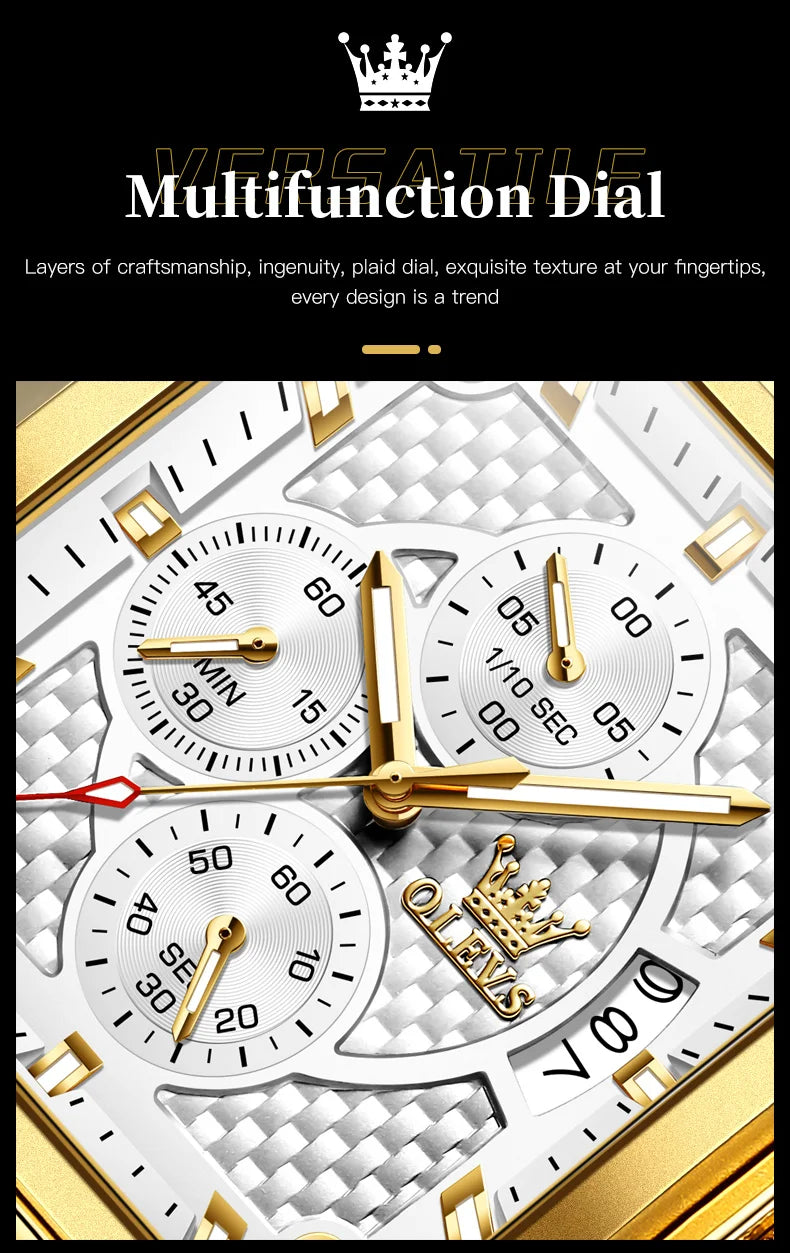 OLEVS Men's Top Brand Square Quality Quartz Wristwatch Chronograph Waterproof Original Watch for Man Luminous Date Luxury
