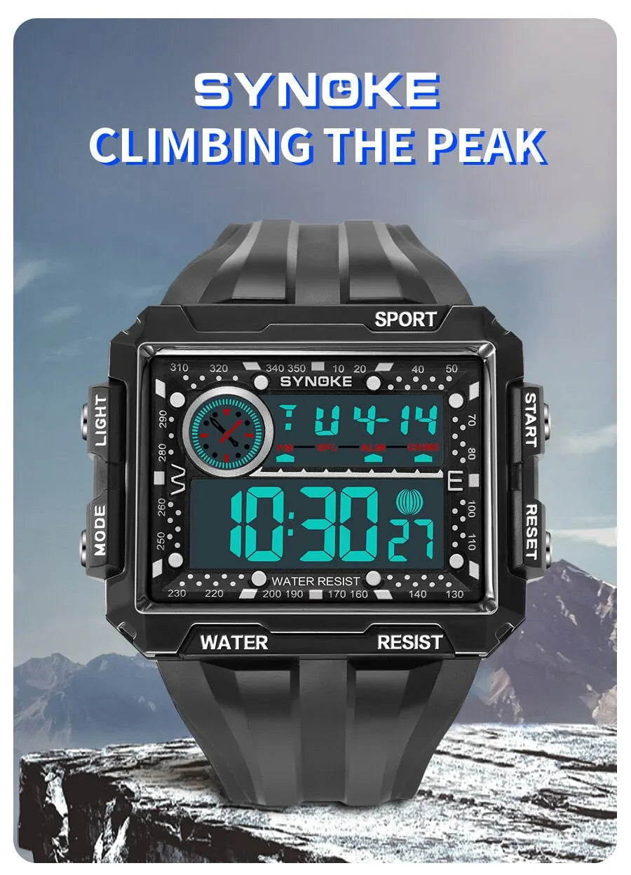SYNOKE New Men Mountaineering Digital Watch Waterproof Shock Resist Large Screen Outdoor Running Student Fashion Watch Handsome