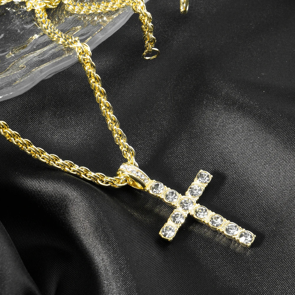 Hip Hop Iced Out Cross Pendant Necklace Strap 4mm Zircon Tennis Chain Men Women Sparkling Necklace Punk Jewelry Fashion Gift