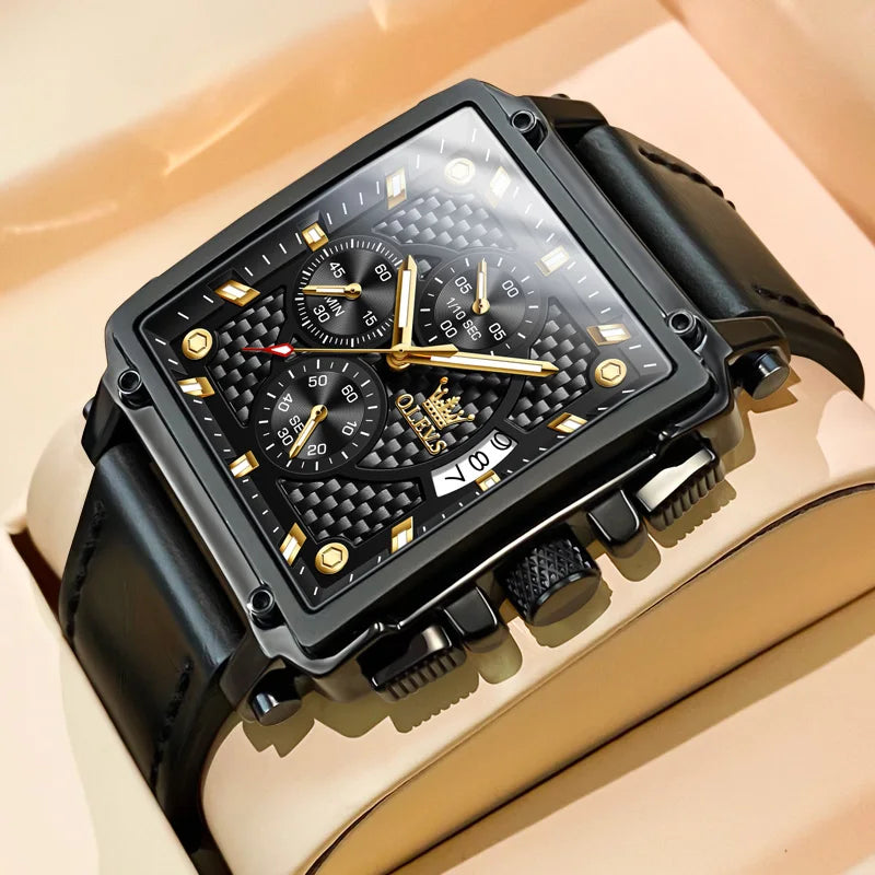 OLEVS Men's Top Brand Square Quality Quartz Wristwatch Chronograph Waterproof Original Watch for Man Luminous Date Luxury