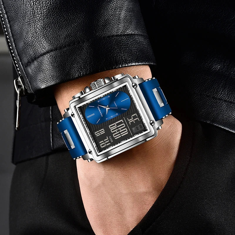 FOXBOX Blue Silicone Watch Men Digital Dual Display Watch Sports Chronograph Waterproof Quartz Wristwatch Men Military Watch