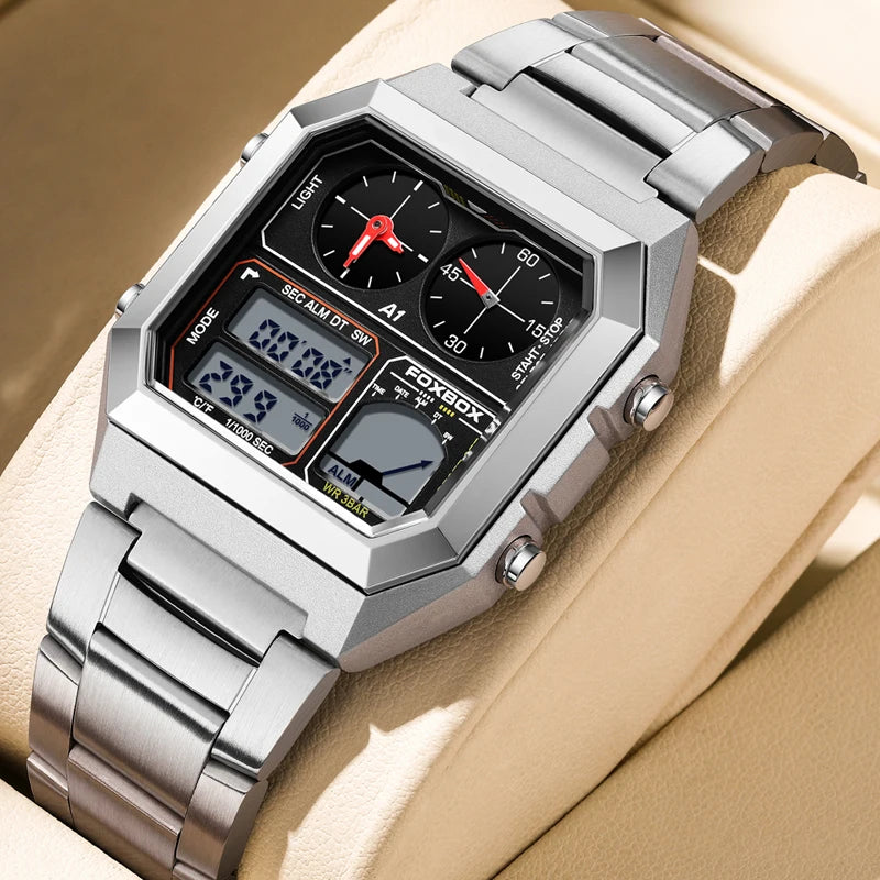 FOXBOX Top Brand Luxury Stainless Steel Chrono Sport Watches Men Back Light Display Digital Wristwatch 3Bar Waterproof Reloj+Box
