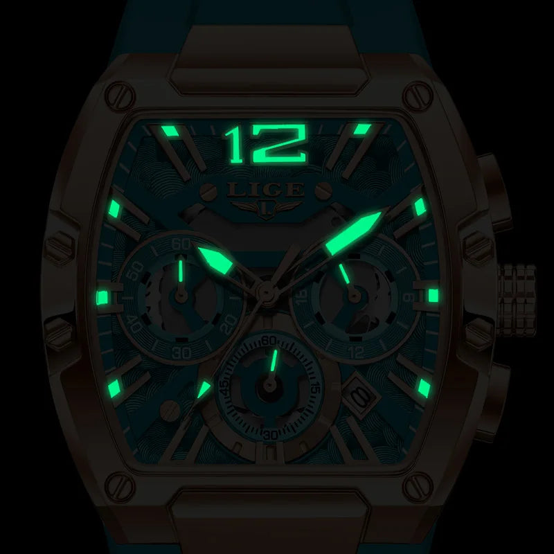 LIGE Sports Man Watch Tonnea Hollow Design Quartz Men Wristwatches Chronograph Waterproof Luminous Silicone Strap Watches Male
