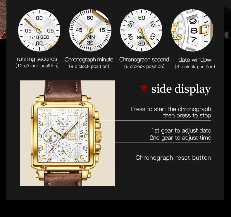 OLEVS Men's Top Brand Square Quality Quartz Wristwatch Chronograph Waterproof Original Watch for Man Luminous Date Luxury